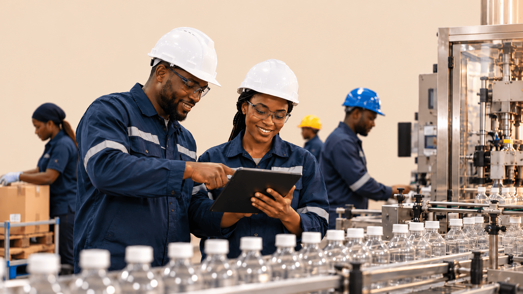 Factory supervisors checking a tablet on the line